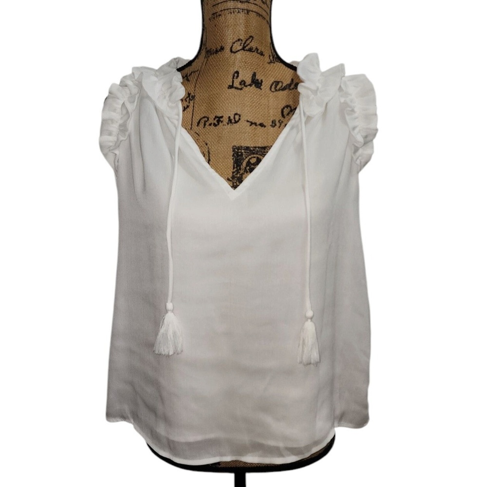 Crown & Ivy‎ Ruffle Neck Top Sleeveless Tassel White Blouse PS